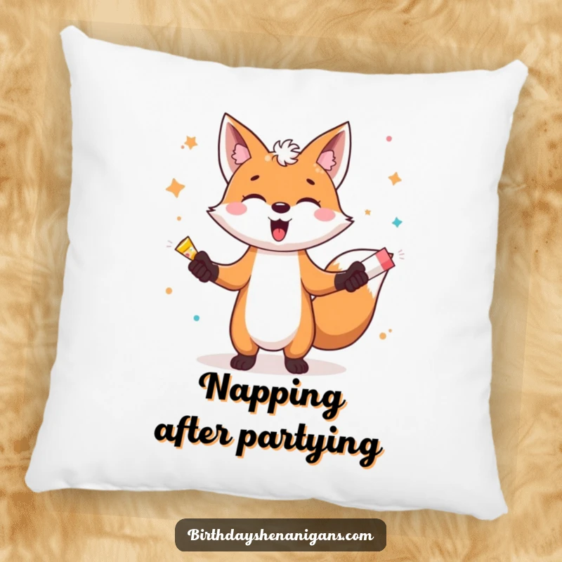 Funny pillow showcasing a gleeful fox character playfully juggling bright party poppers, a cheerful addition to any room.