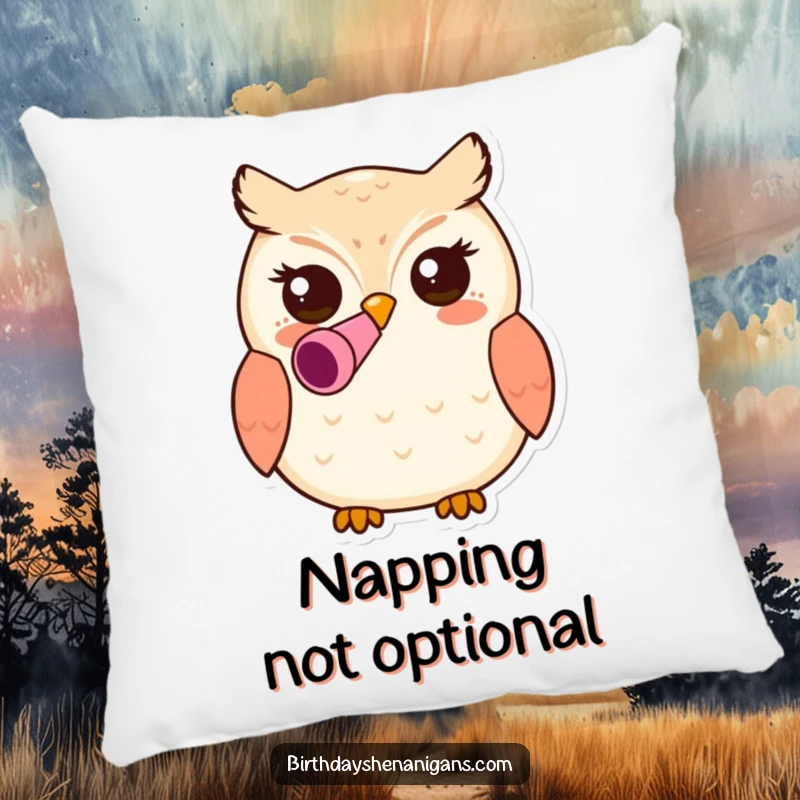 Funny kawaii owl character wearing a party blower in its beak on a soft pillow, offering comfort and a touch of playful charm.