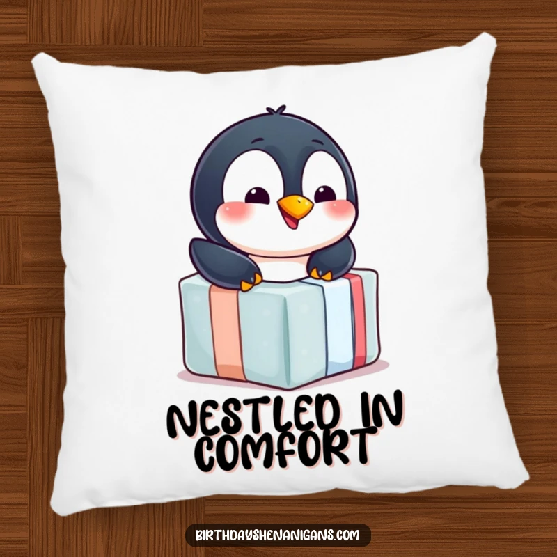Funny penguin pillow, comfy, cheerful, sliding down gift, winter accent, cute penguin, soft and humorous.