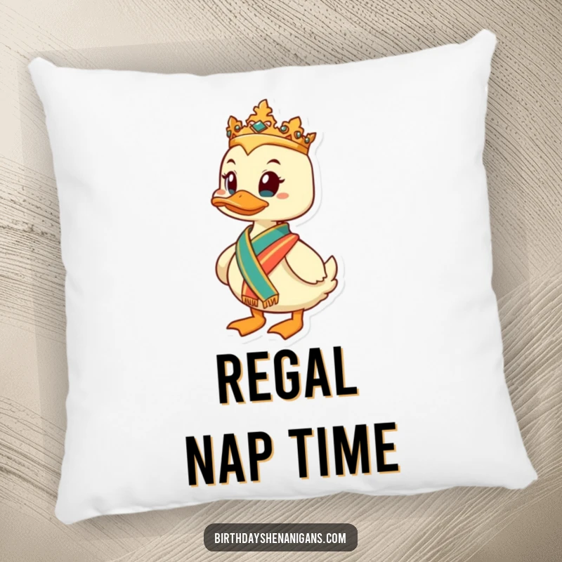 Funny Duck Pillow: A regal duck with a sash offers comfort and authority, ideal as a funny gift.
