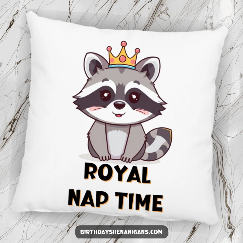 Funny raccoon pillow featuring a happy character wearing a festive crown, adding a touch of regal charm to decor.