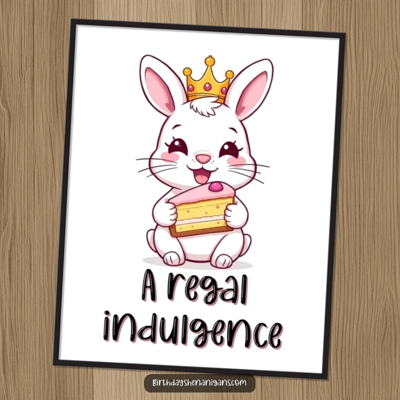 Funny rabbit digital art print, wearing crown, holding cake slice, instant download, royal decor, cute bunny, humorous.