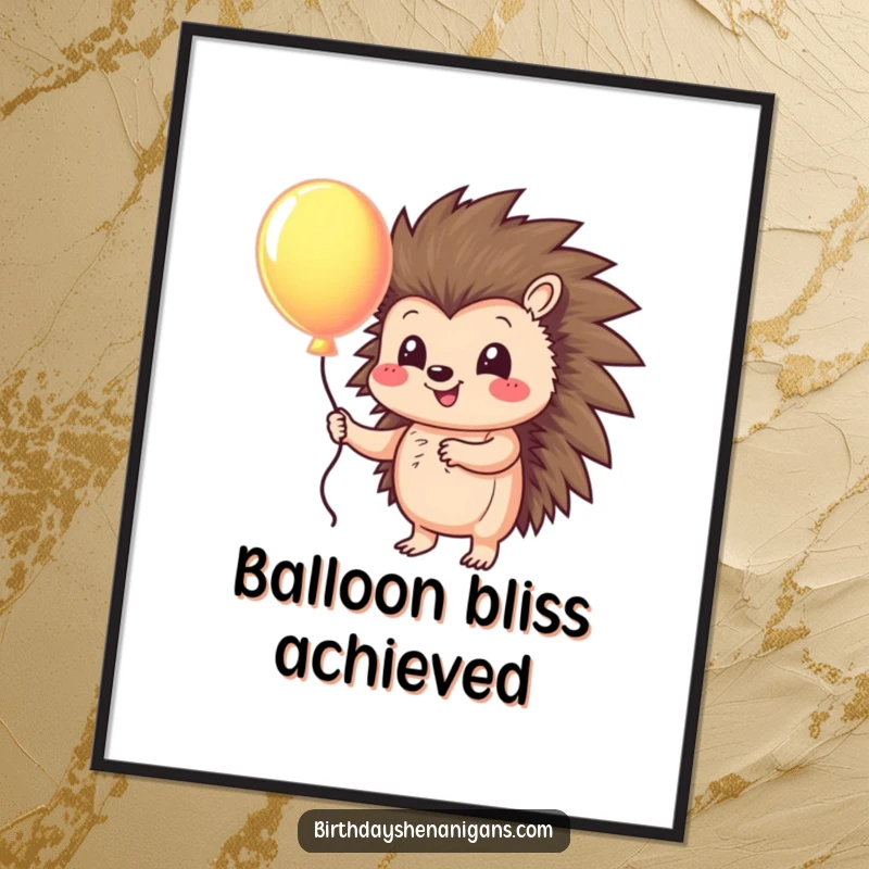 Funny digital art print of a smiling hedgehog character holding a bright, colorful balloon, radiating joy and simple happiness.