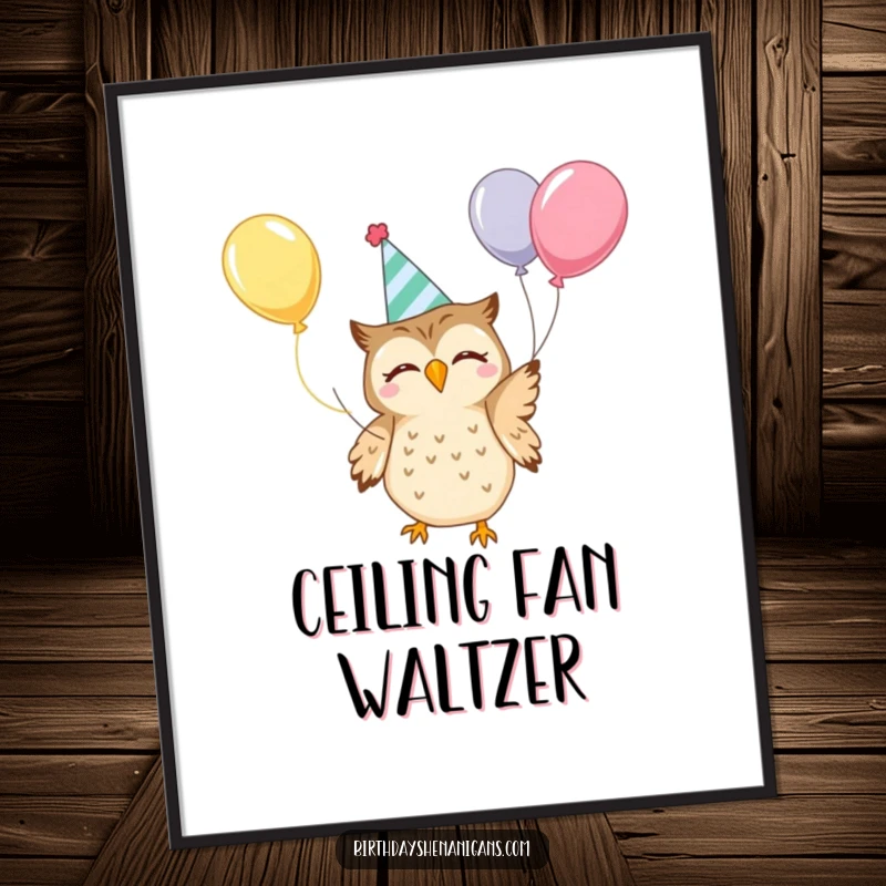 Funny Kawaii Owl Digital Art: Printable art of a happy owl in a party hat juggling balloons, bringing instant humor and charm.