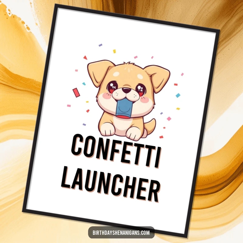 Funny kawaii dog with sparkling eyes launching confetti from a popper, instantly printable digital art.