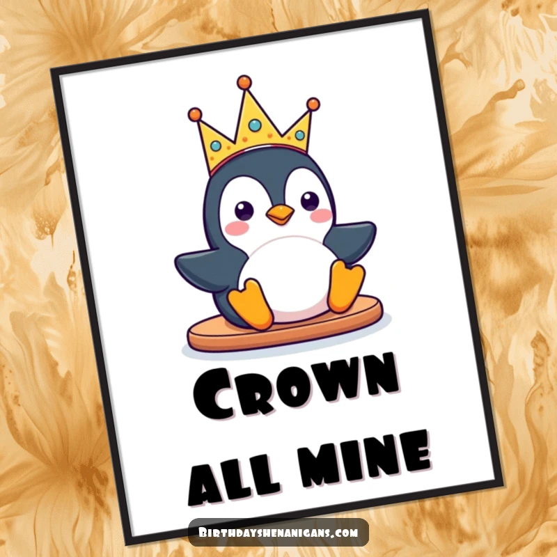 Funny kawaii penguin character sliding with a silly party crown in a digital art print, creating a festive and cheerful piece of decor.