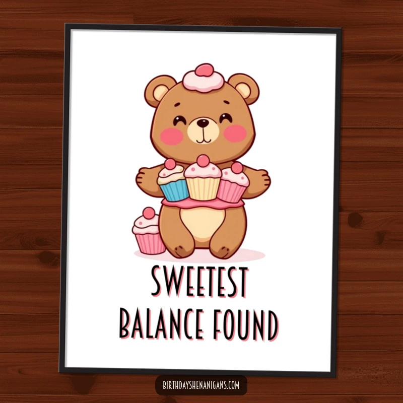 Funny digital art print of a cheerful bear character skillfully balancing a towering stack of colorful cupcakes. Sweet and delightful.