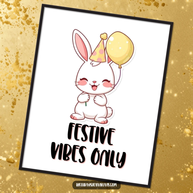 Funny birthday digital art print of a cheerful bunny wearing a hat and holding a balloon, ready for instant festive decor.