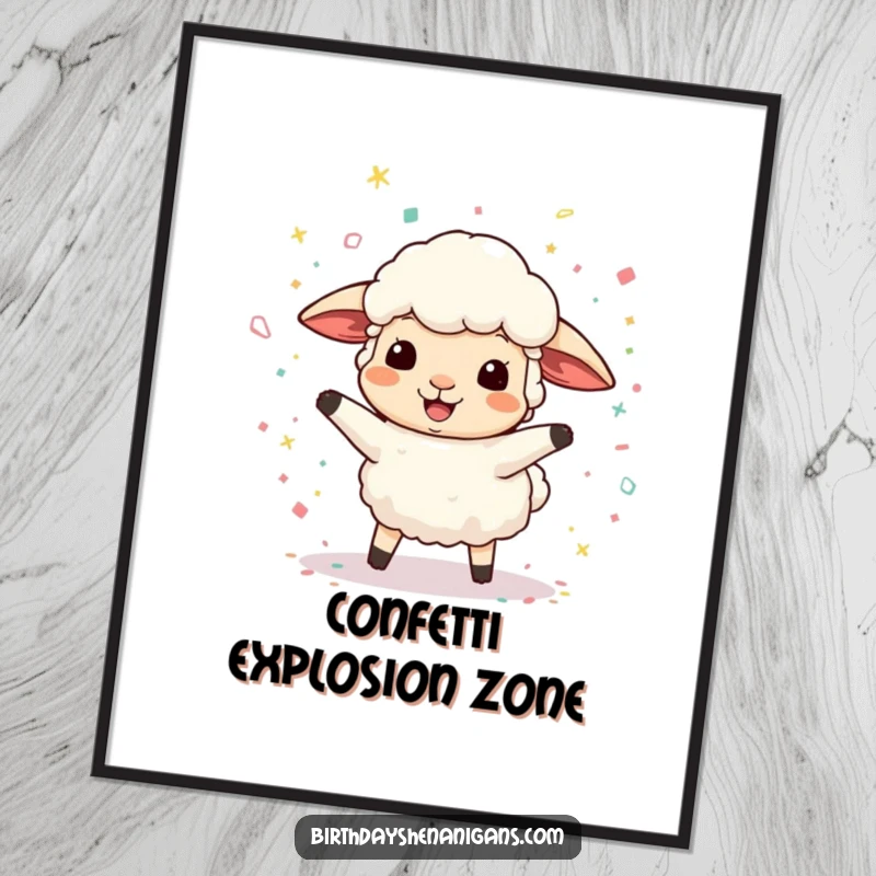 Funny digital art print of a sheep character joyfully bouncing amidst a flurry of confetti, offering instant visual humor and delight.