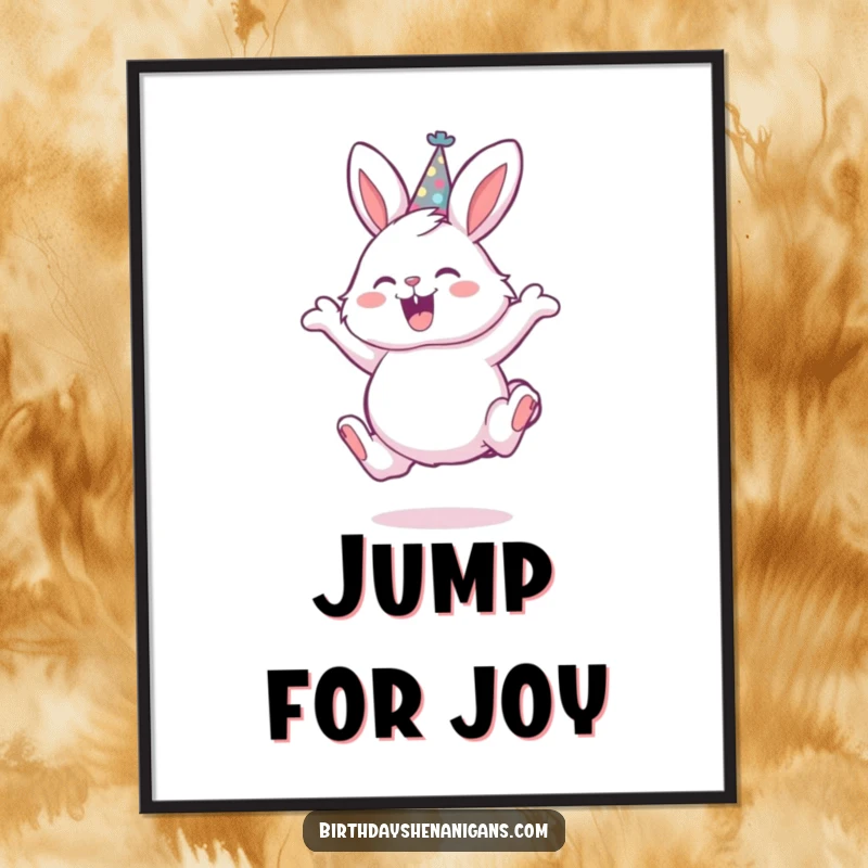 Funny digital art print of a fluffy bunny wearing a party hat, joyfully leaping, ready to be printed and displayed.