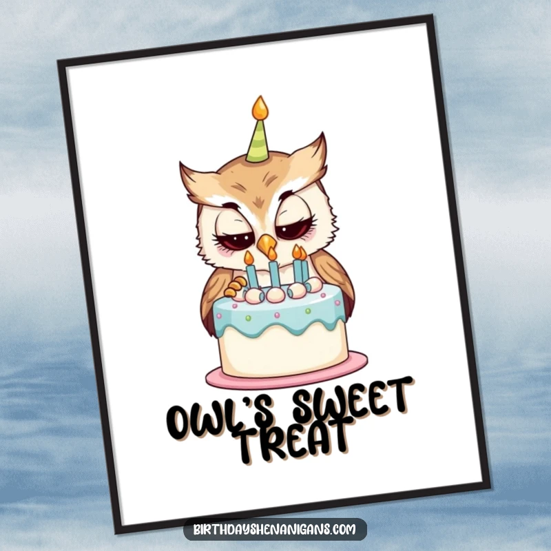 Funny digital art print of a curious owl character examining a birthday cake, ready for instant download and whimsical display.