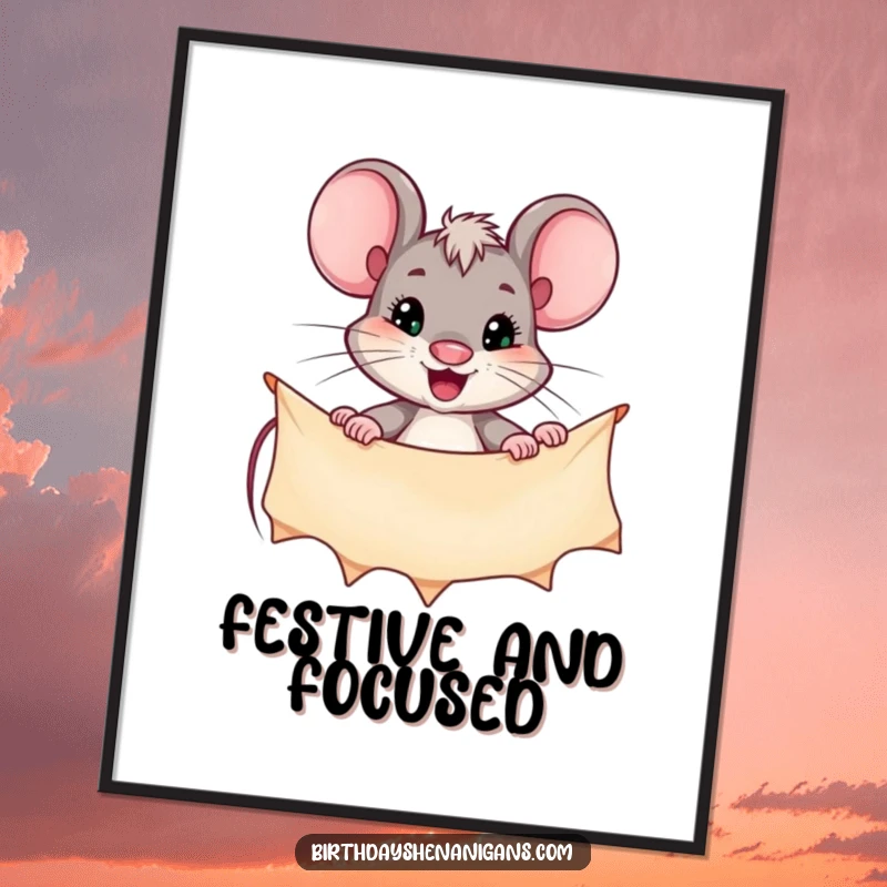 Funny digital art print of a determined mouse character hanging a festive banner, inspiring focus and achievement with humor.