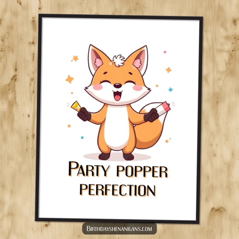 Funny digital art print of a gleeful fox character expertly juggling multiple exploding party poppers, a vibrant and humorous decoration.