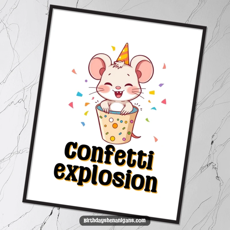 Funny mouse character bursting from a party popper, showering confetti, instant humorous digital art for celebrations.