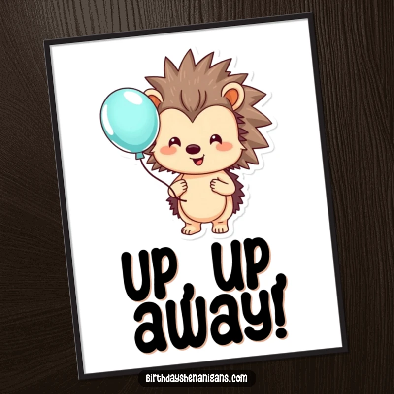 Funny hedgehog digital art print of a smiling character holding a colorful balloon, ready to spread cheer.