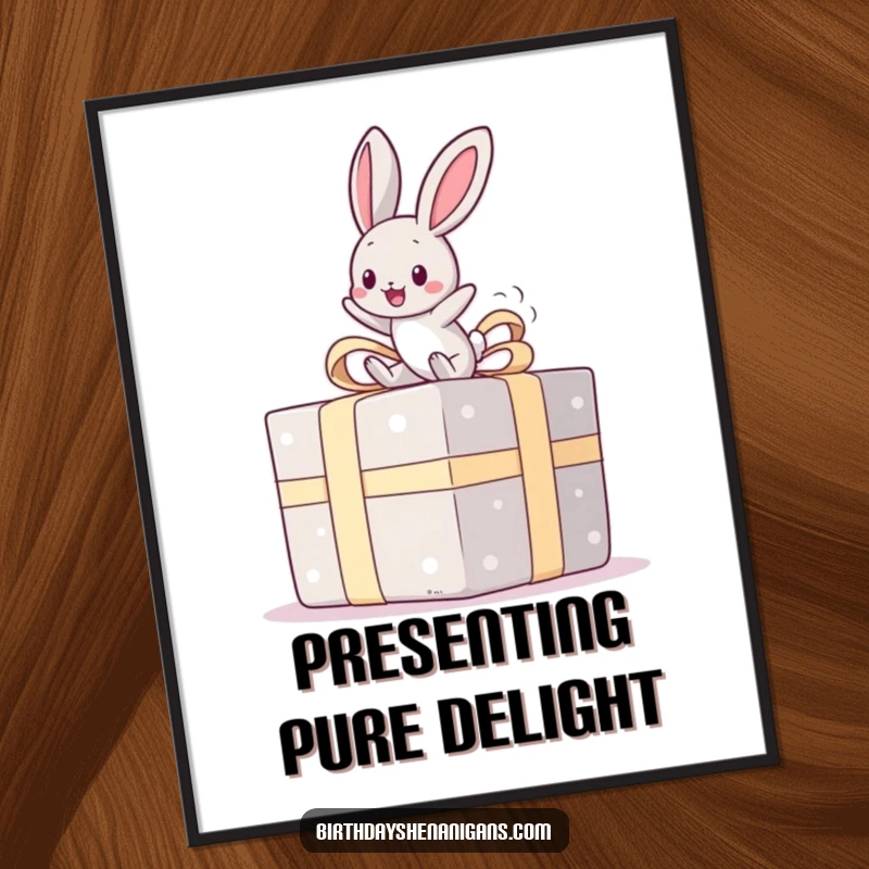 Funny digital art print of a kawaii bunny joyfully bouncing on a giant present, perfect for instant cheerful wall decor and a great gift.