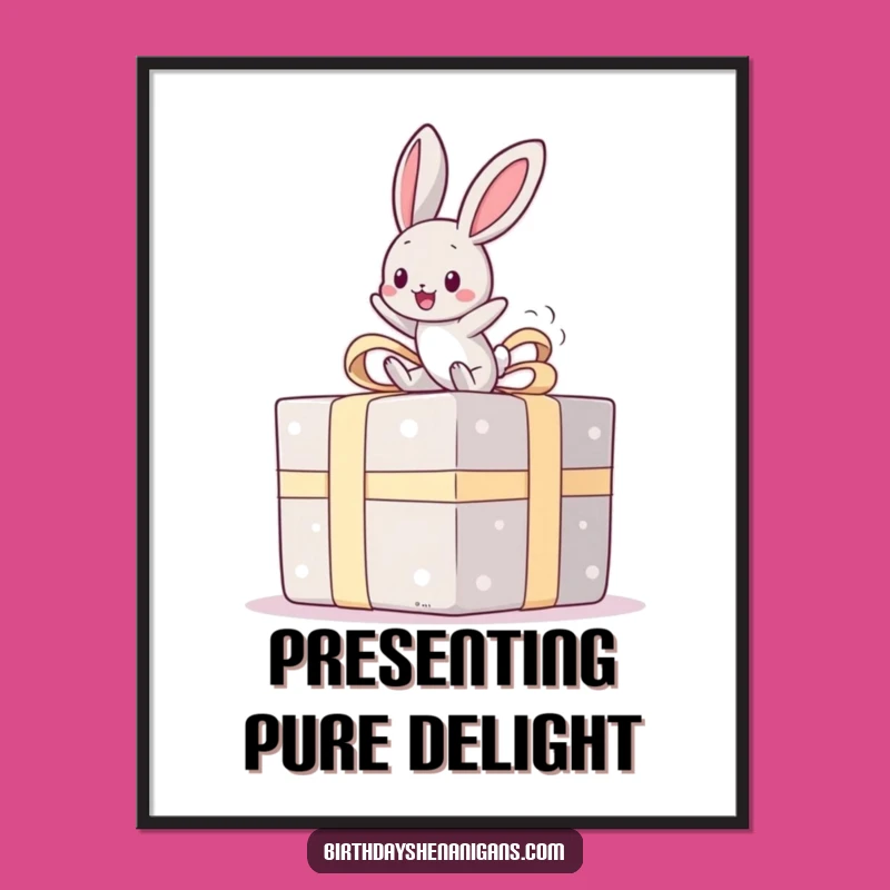 Funny Kawaii Bunny Present Bounce Digital Art: Instant Cheerful Wall Decor