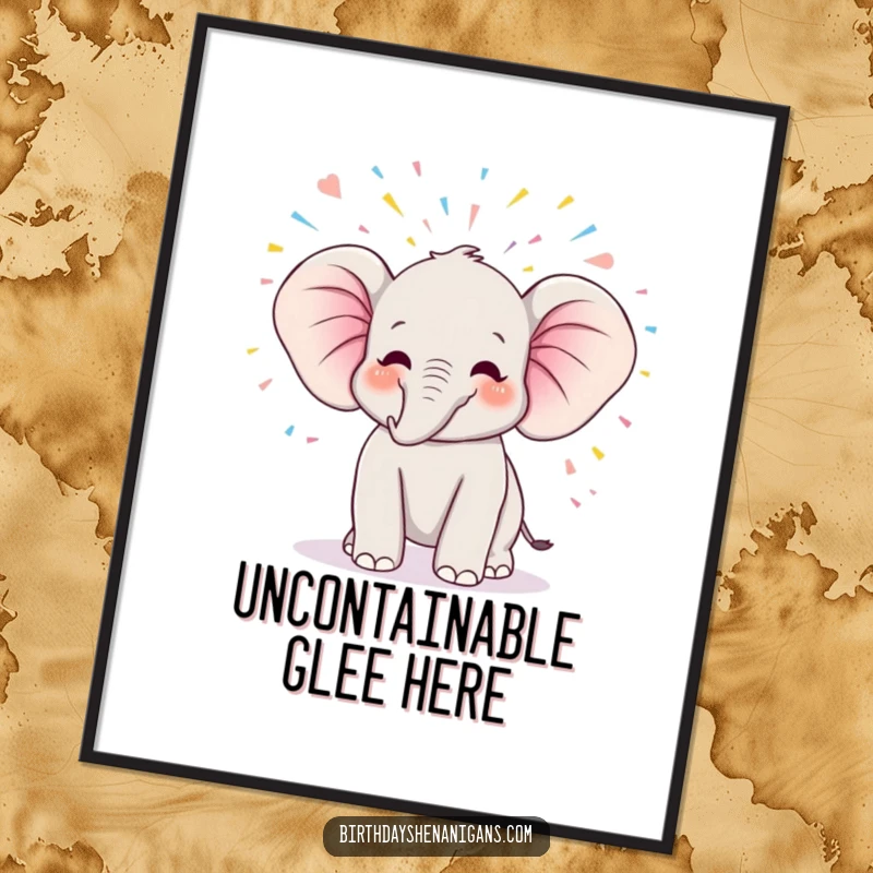 Funny digital art print of a kawaii elephant trumpeting joyfully, showered in colorful streamers, celebrating happiness.