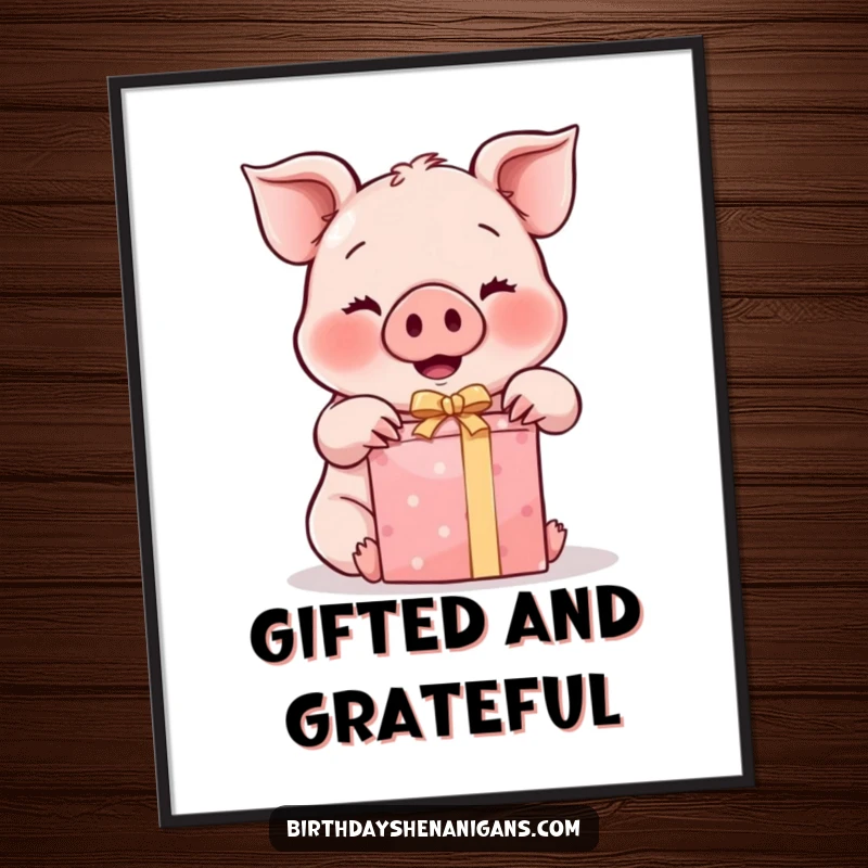 Funny Kawaii Pig Digital Art: Printable art of a happy pig with rosy cheeks unwrapping a gift, bringing instant joy and humor.