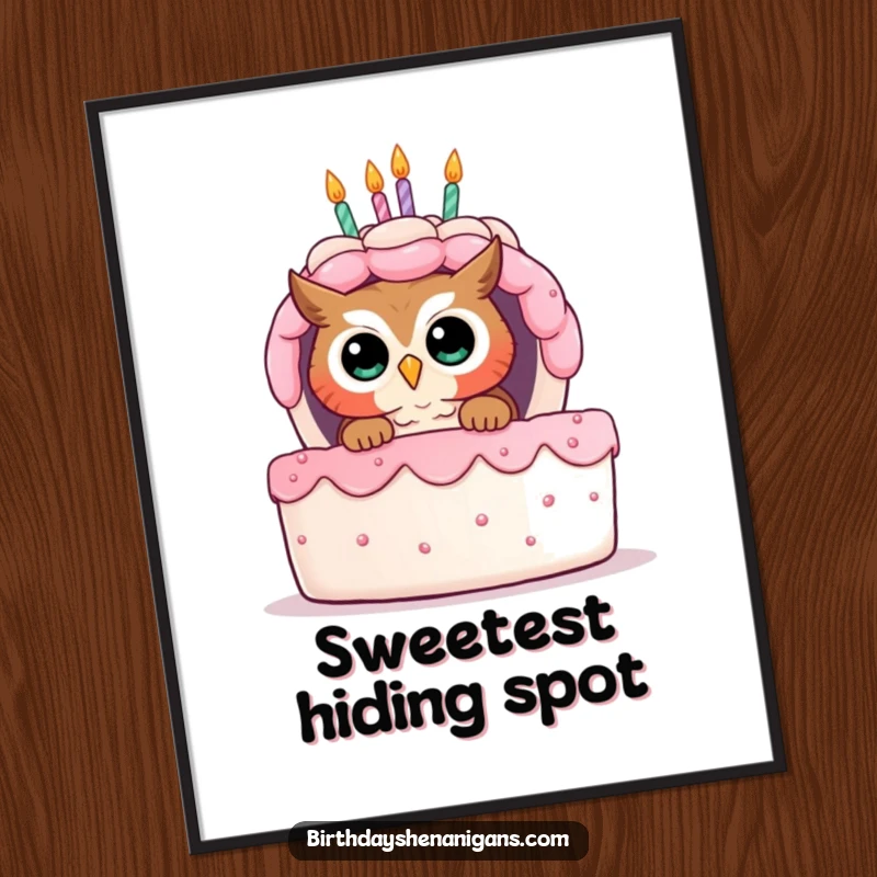 Funny digital art print of a curious owl peeking from behind a giant birthday cake, ready for display.