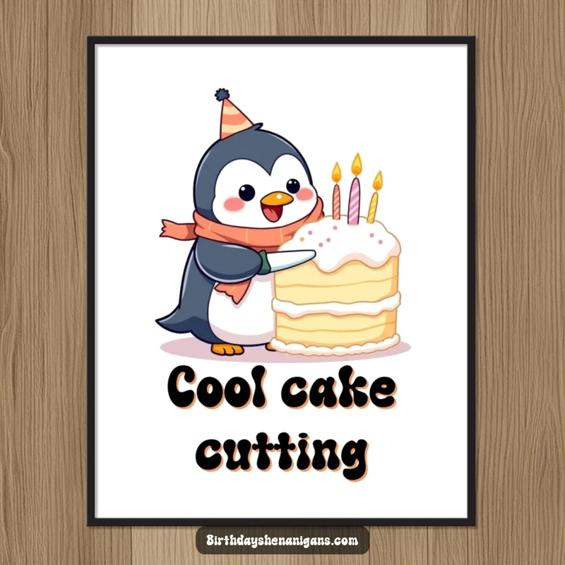 Funny digital art print of a happy penguin in a birthday scarf, hilariously attempting to cut a giant cake, perfect for decor.