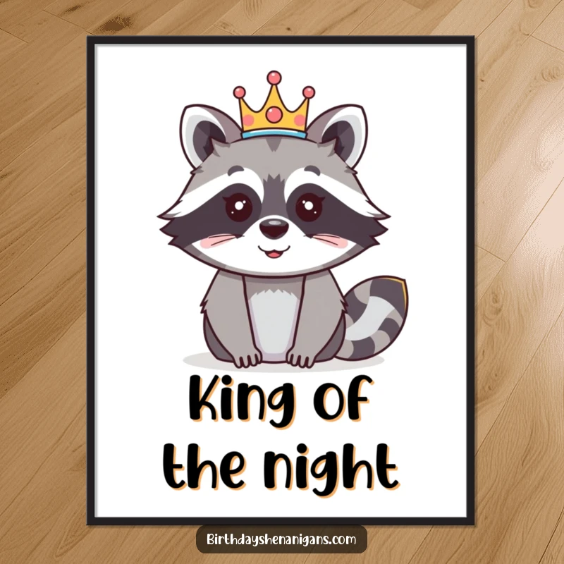 Funny raccoon digital art print of a happy character wearing a festive crown, ready to add royal cheer.