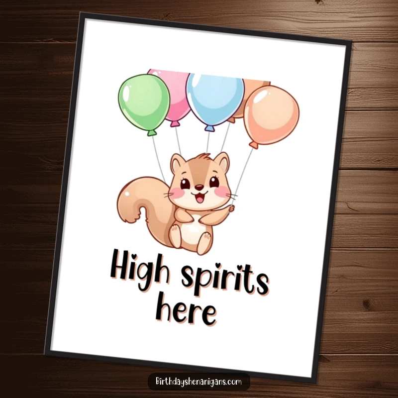 Funny squirrel character hanging from balloon strings, a digital art print bursting with playful energy and humor.
