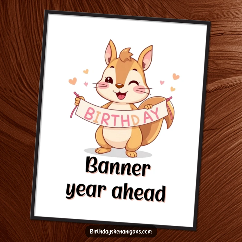 Funny squirrel digital art print of a cute character holding a birthday banner, ready to celebrate any occasion.