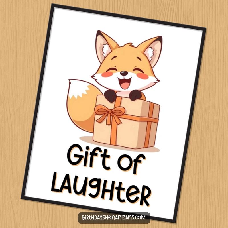 Funny digital art print of a smiling fox character excitedly unwrapping a comically large present, ready for instant decor.