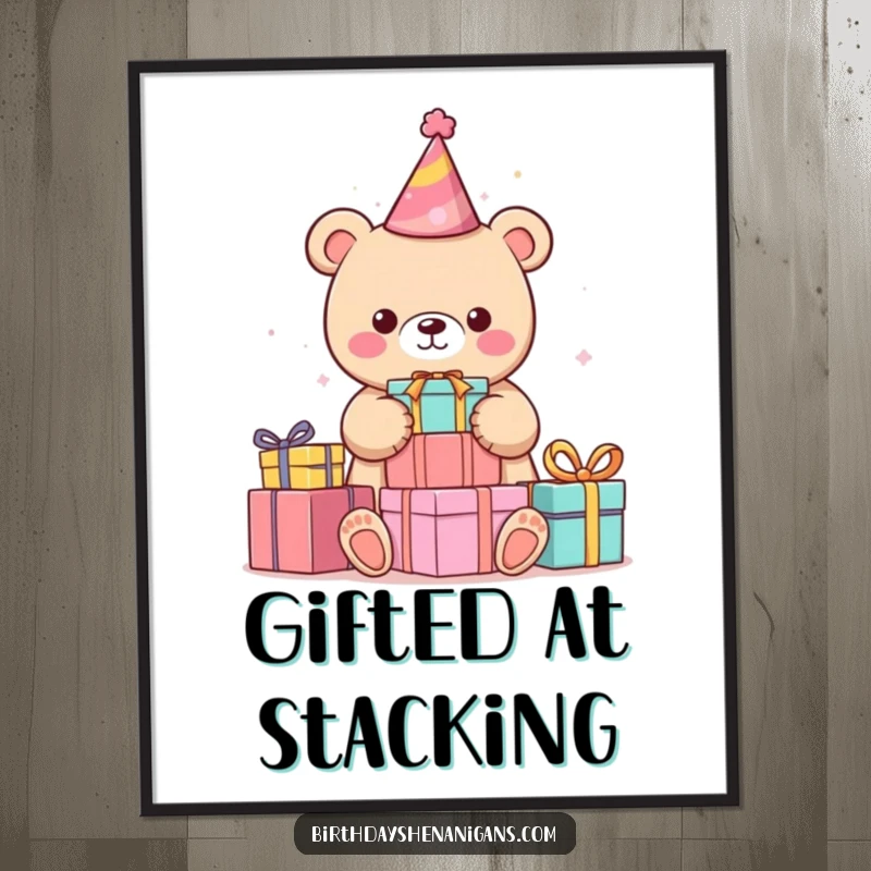 Funny kawaii bear wearing a party hat, stacking colorful presents, instantly printable digital art for humorous decor.