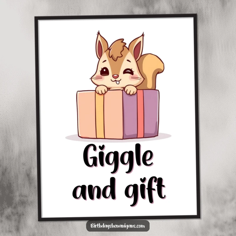 Funny giggling squirrel digital art print of a playful character peeking from behind a giant present, perfect for instant, charming decor.