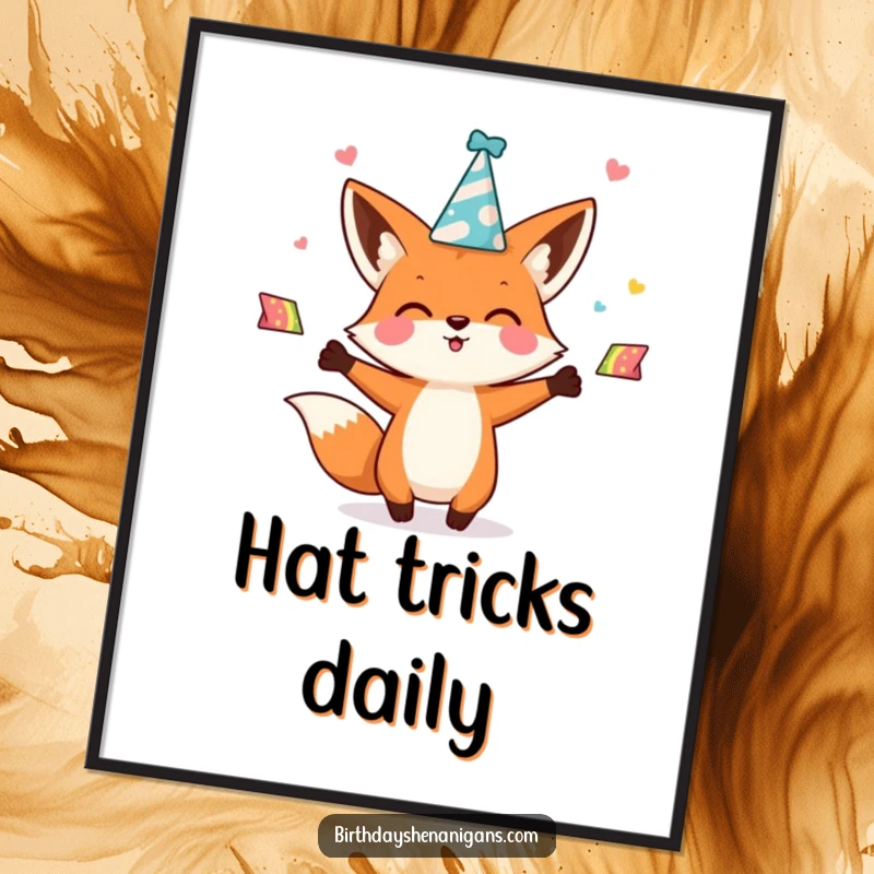 Funny kawaii fox character enthusiastically juggling party hats in a digital art print, creating a festive and cheerful piece of decor.