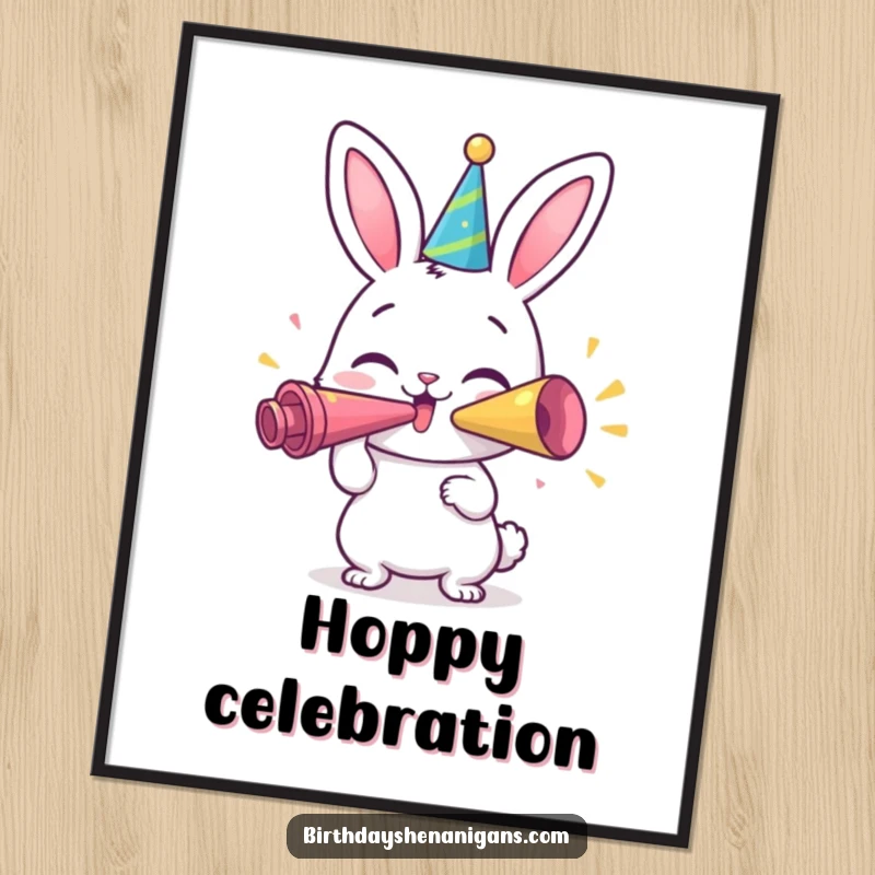 Funny Bunny Digital Art: A happy bunny character blowing a giant party horn, ready to bring festive humor digitally.