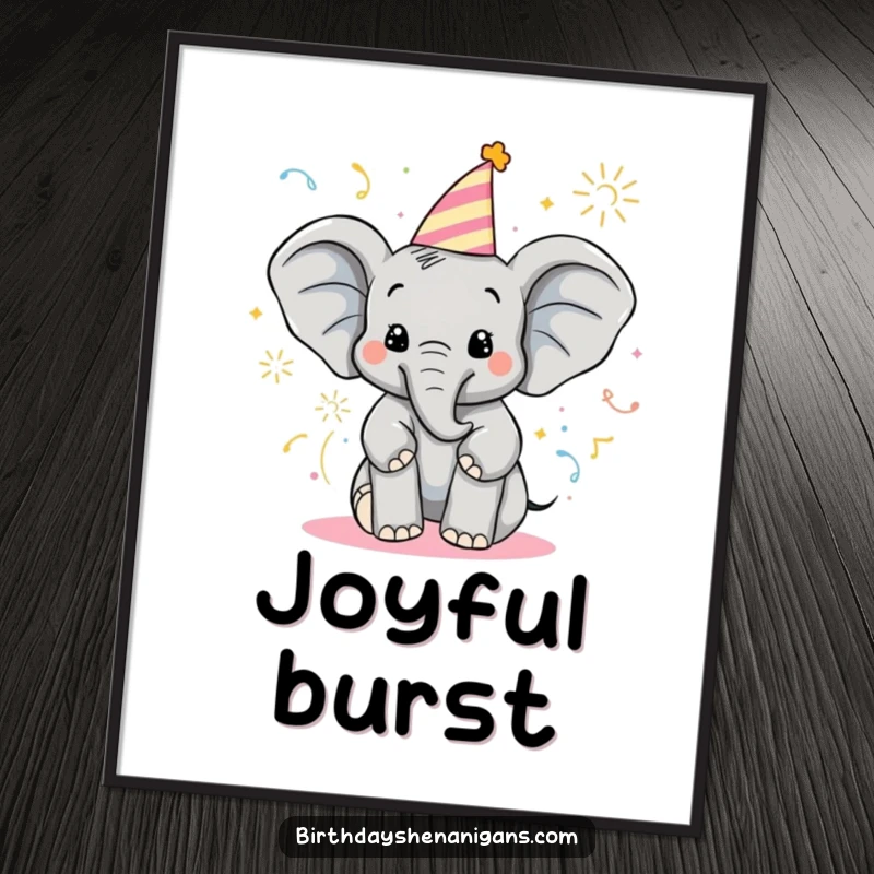 Funny Elephant Digital Art: Delighted character sprays party poppers, vibrant and joyful downloadable artwork.