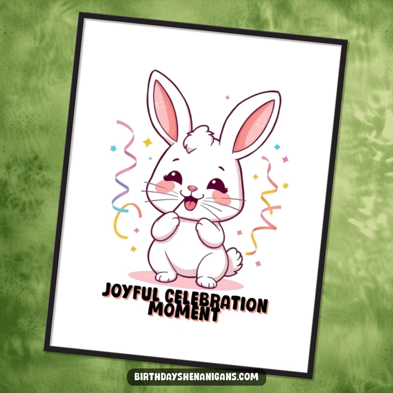 Funny kawaii bunny party digital art print with a joyful bunny blowing streamers, perfect for instant festive decor.