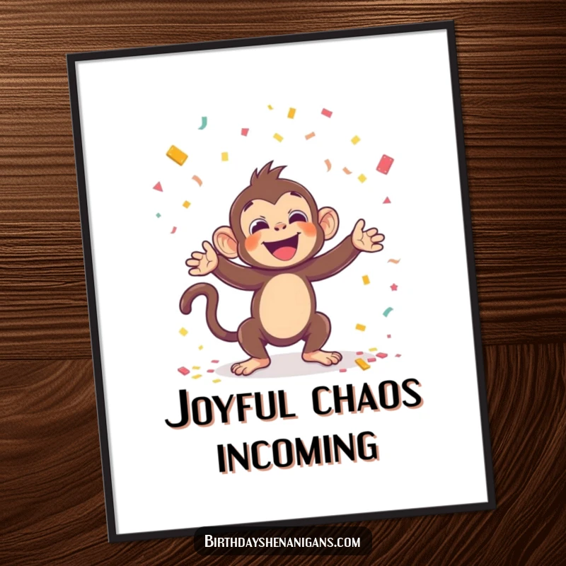 Funny digital art print of a kawaii monkey joyfully throwing confetti, perfect for instant festive wall decor and a great gift.
