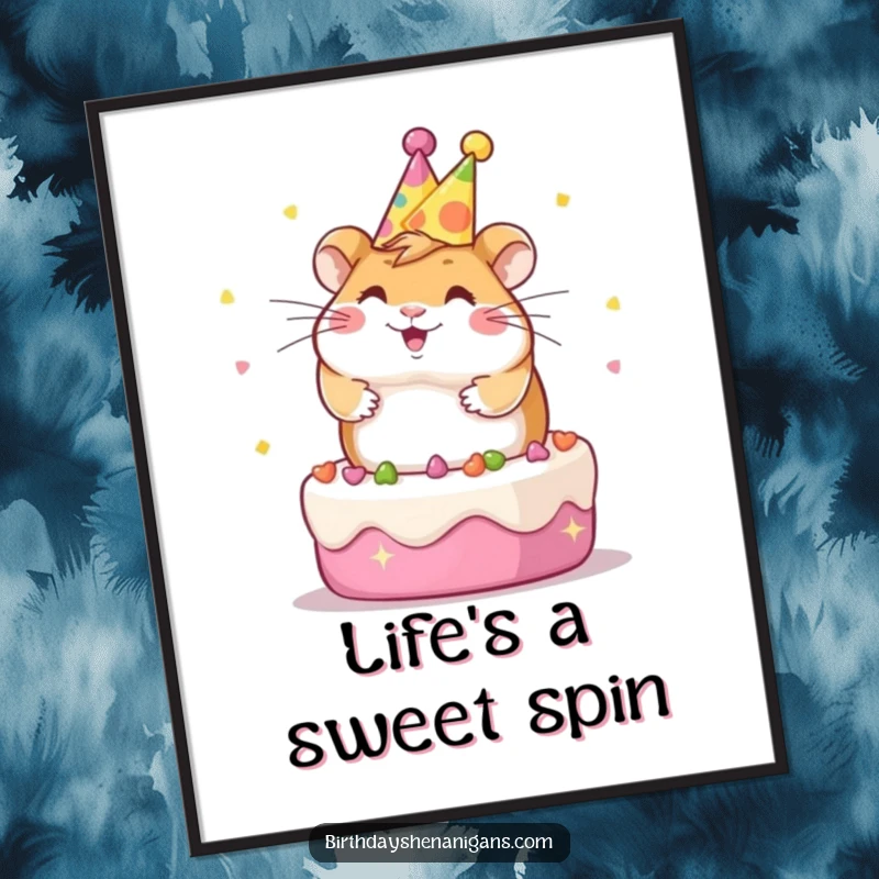 Funny Kawaii hamster wearing a party hat, spinning on a cake, digital art print for instant cheerful wall decor.