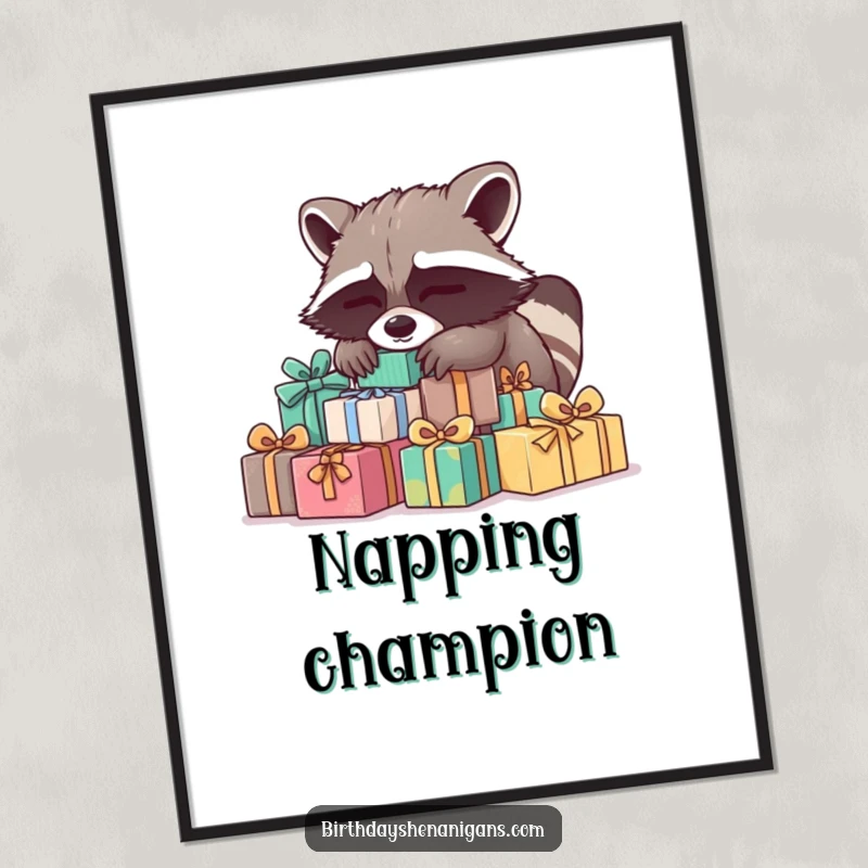 Funny Raccoon Digital Art Print: A sleepy raccoon on presents brings instant cozy vibes and humor to digital decoration.