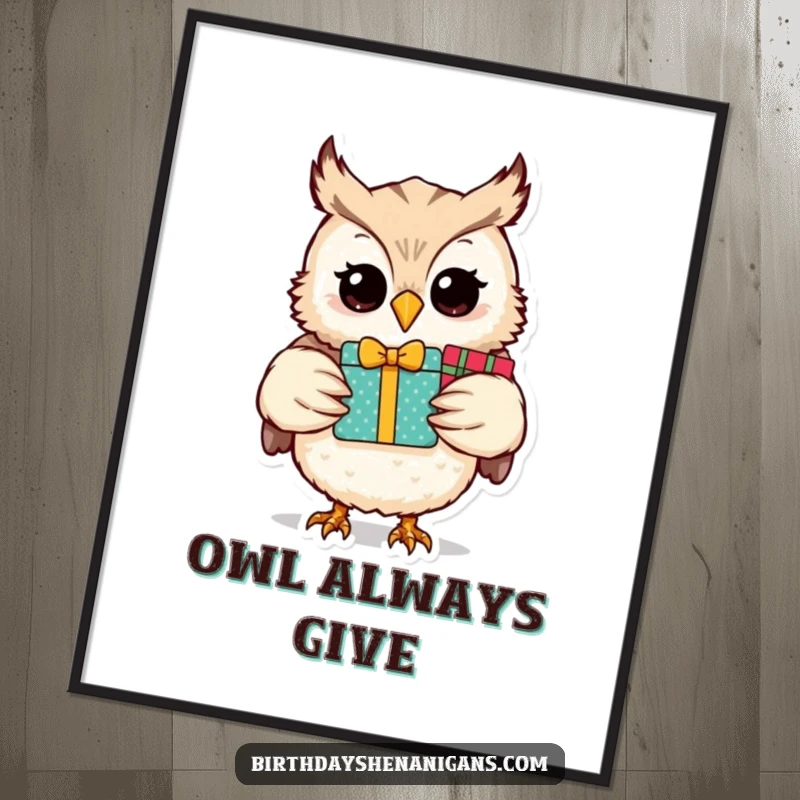 Funny owl character holding many wrapped presents, a digital art print full of festive humor and joy.