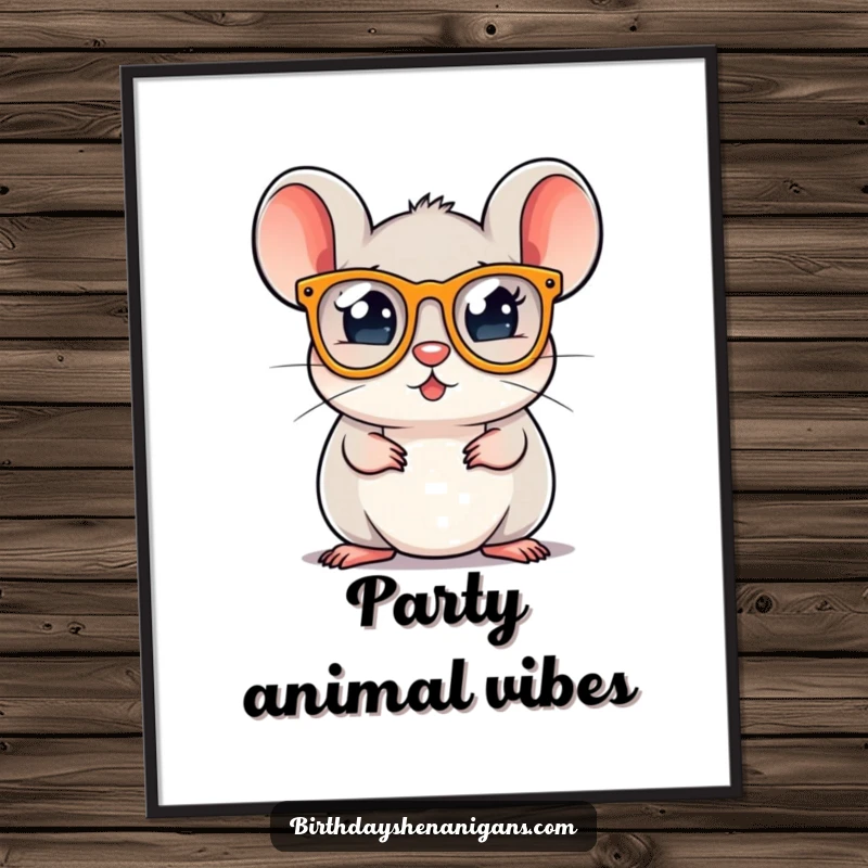 A round mouse character wearing tiny party glasses, a digital art print bursting with festive humor and energy.