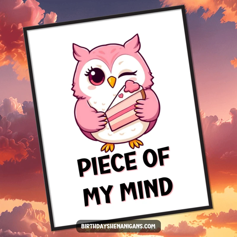 Funny winking owl digital art print of a playful character holding a slice of cake, perfect for instant, charming, humorous decor.