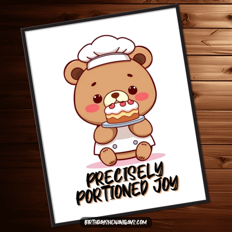 Funny digital art print of a kawaii bear chef presenting a comically tiny cake, perfect for instant whimsical wall decor and a great gift.