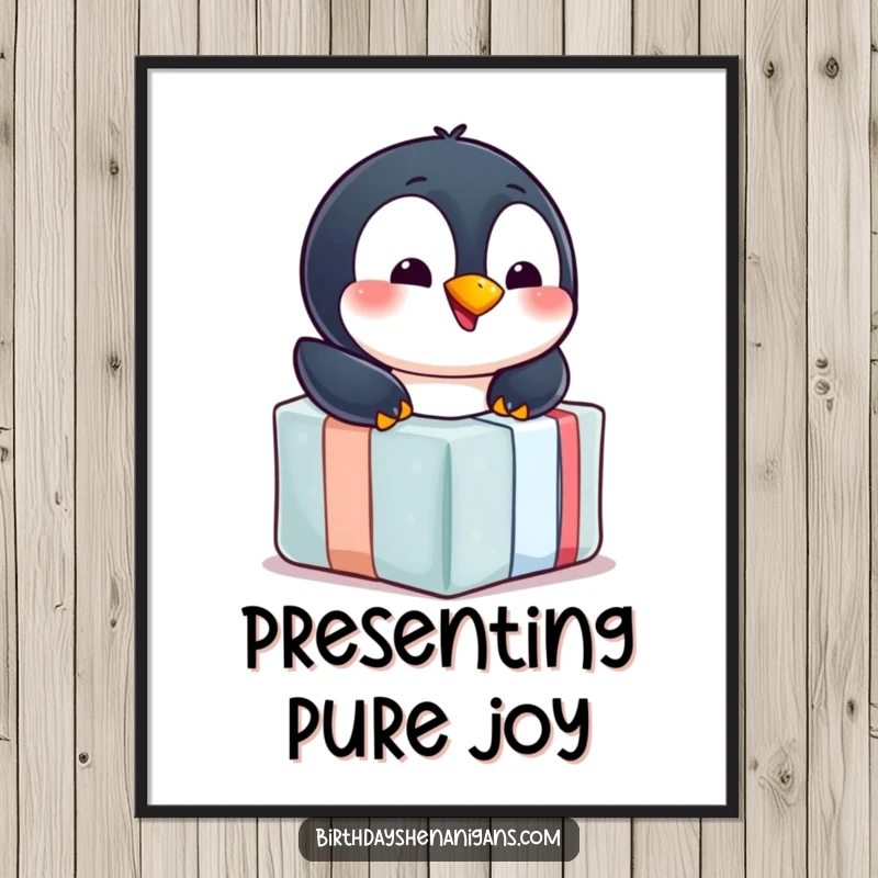 Funny penguin digital art print, cheerful, sliding down wrapped gift, instant download, winter decor, cute penguin, humorous.