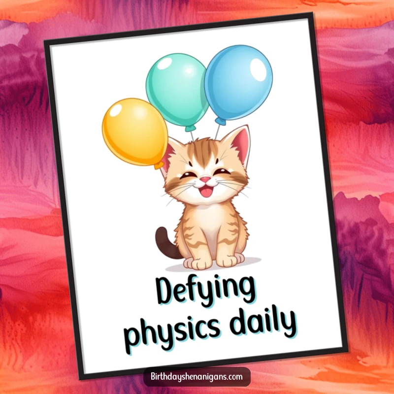 Funny kitten digital art print, giggling, balancing balloons on nose, instant download, whimsical decor, playful cat, humorous.