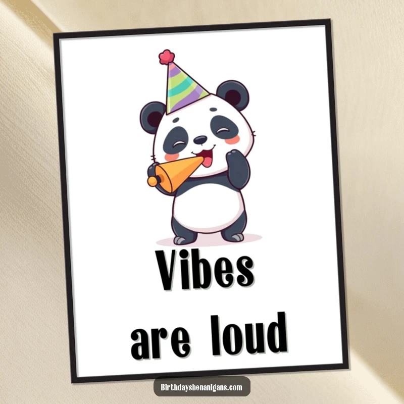 Funny panda digital art print, joyous, wearing party hat, blowing noisemaker, instant download, festive wall decor, humorous.