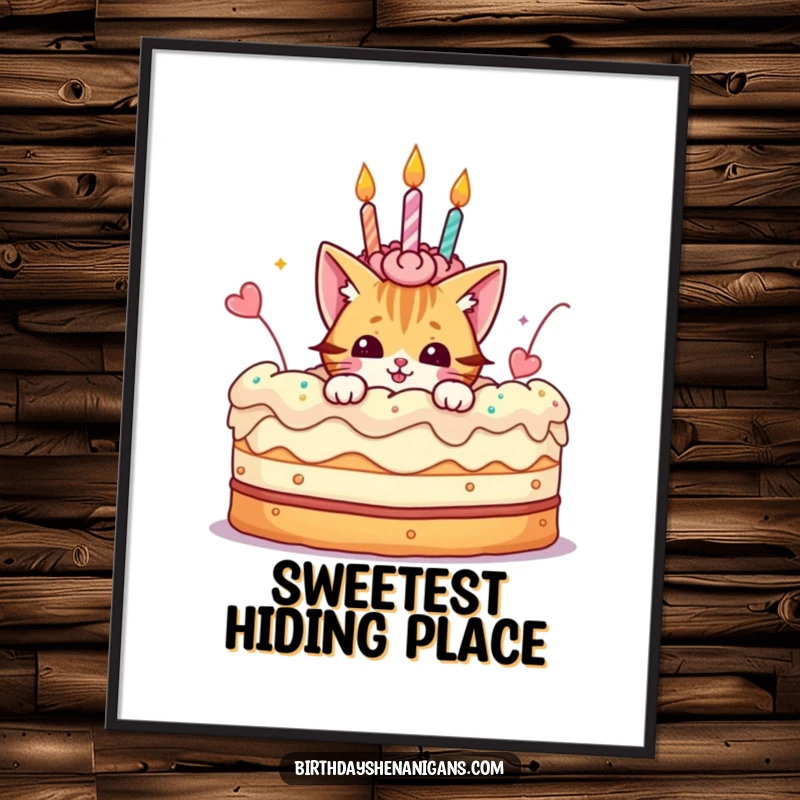 Funny digital art print of a playful cat character peeking from a giant birthday cake, ready for instant decor.