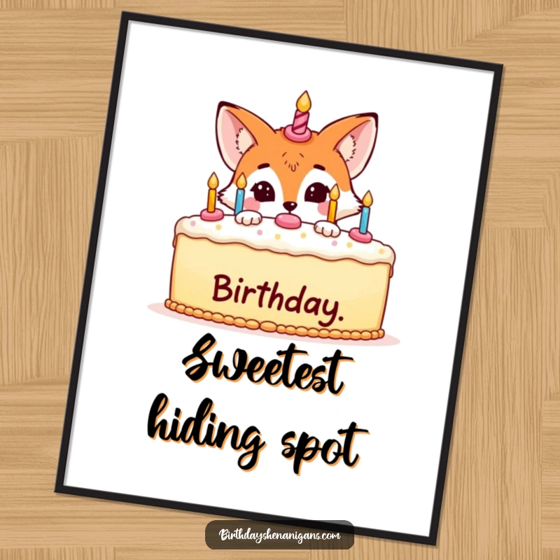 Funny digital art of a sly fox peeking from behind a large birthday cake, creating a sense of playful anticipation.