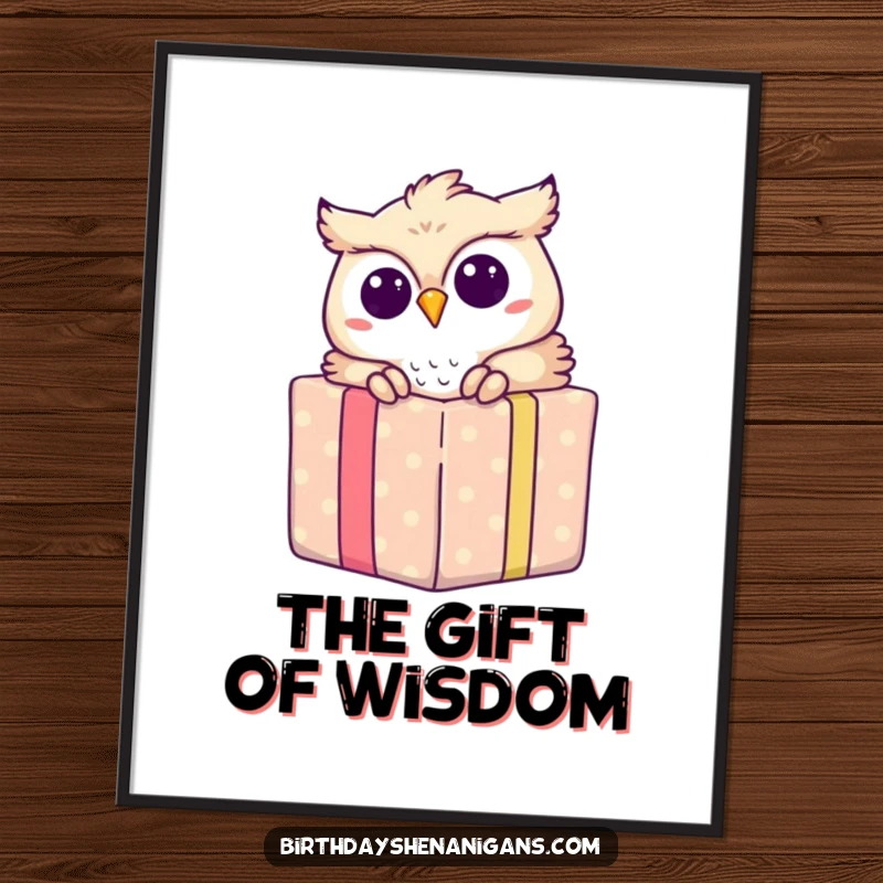 Funny digital art print of an owl peeking from a gift box, ideal for instant download and charming wall decor.