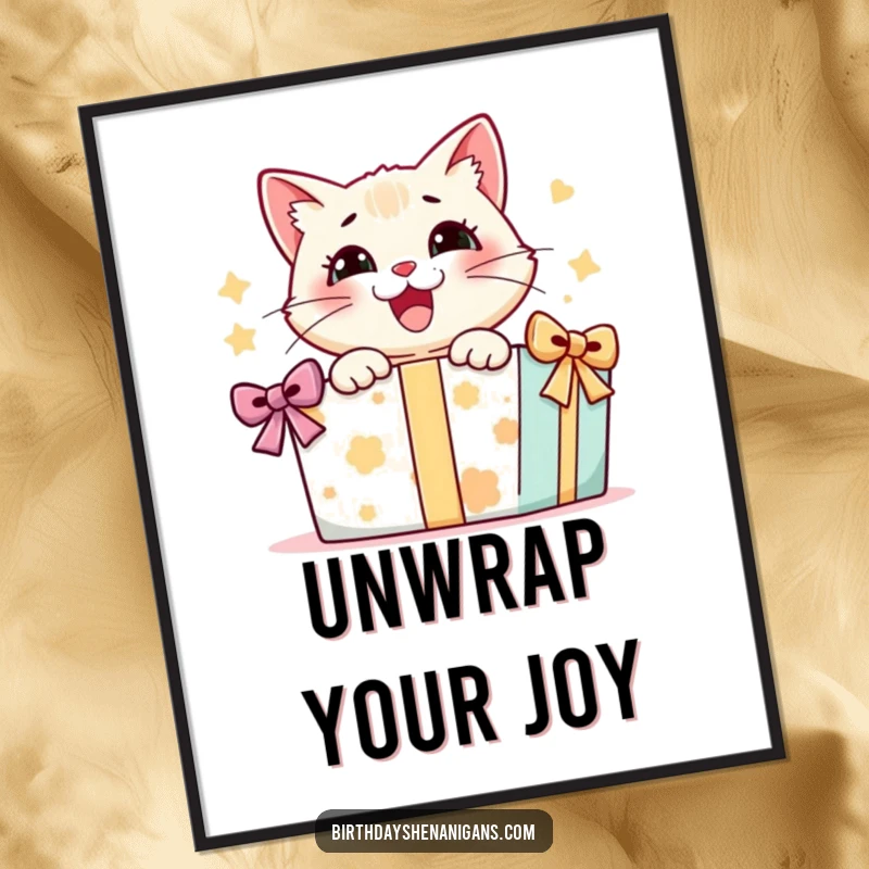 Funny digital art print of a cat character bursting with delight as it opens a large, exciting gift box. Pure unboxing joy.