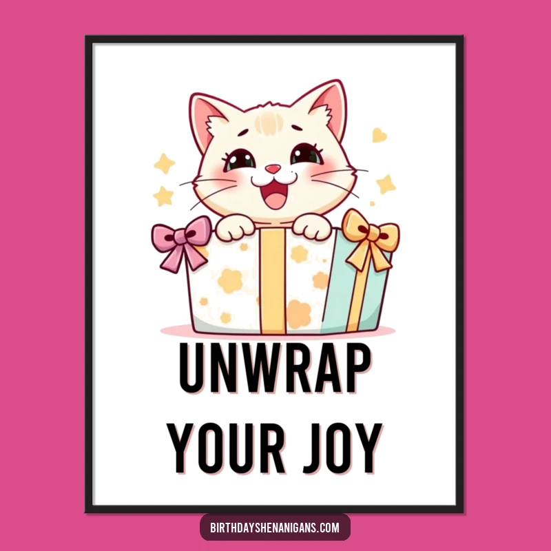 Funny Cat Present Digital Art: Delighted Kitty Opening Gift, Instant Joyful Decor!